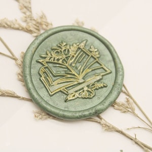Sello de cera botánico de libro, sello de cera de libro mágico y flores, sello de cera de sellado personalizado, sello de cera de boda
