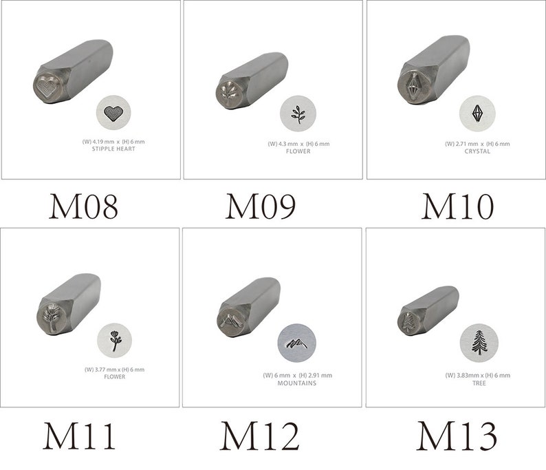 May include: Set of 6 metal stamping tools for jewelry making. Each tool features a different design, including a heart, flower, crystal, mountain, and tree. The tools are approximately 6 mm in width.
