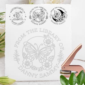 Custom butterfly Embosser Stamp, Library Stamp, teacher embosser , Book Belongs to, Ex Libris, Stack Books, Floral Book embosser