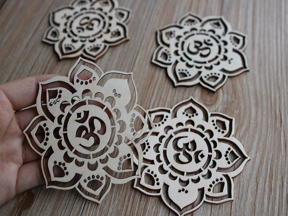 OM Lotus Mandala flower  Wood coasters , Laser Cut Out Unfinished Wood Shape Craft Supply