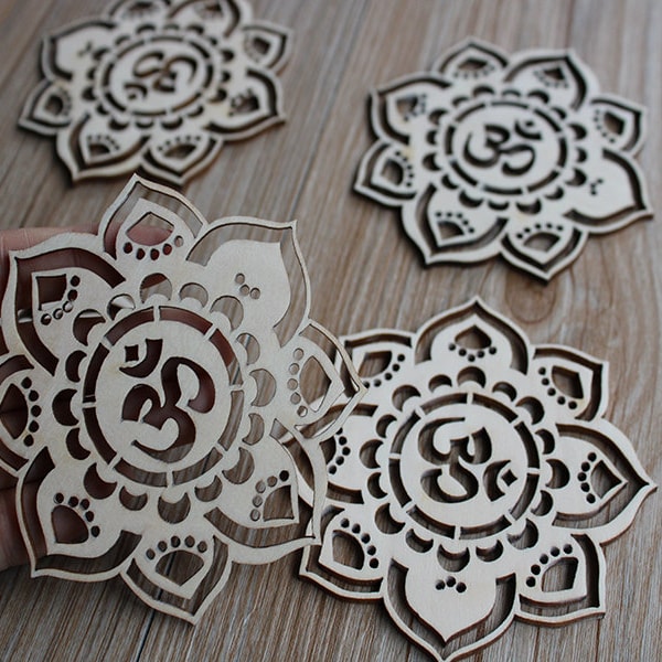 OM Lotus Mandala flower  Wood coasters , Laser Cut Out Unfinished Wood Shape Craft Supply