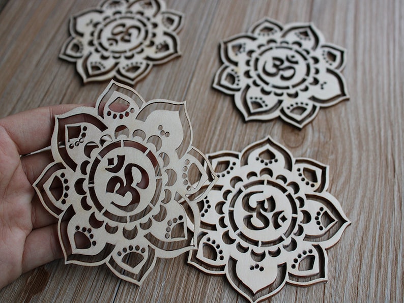 OM Lotus Mandala flower Wood coasters , Laser Cut Out Unfinished Wood Shape Craft Supply image 1