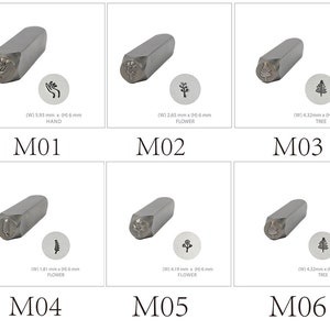 May include: Six metal stamp heads with different designs. The designs include a hand, a flower, and a tree. The stamp heads are labeled M01 through M06. Each stamp head has dimensions listed in millimeters.