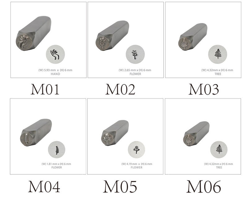 May include: Six metal stamp heads with different designs. The designs include a hand, a flower, and a tree. The stamp heads are labeled M01 through M06. Each stamp head has dimensions listed in millimeters.
