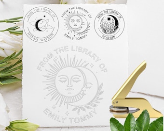 Custom Library Embosser stamp, Book Embosser,  Ex Libris Embosser with Moon and Sun,Personalized book library stamp