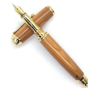 Hermosa pluma de fuente en madera de tejo con accesorios de oro