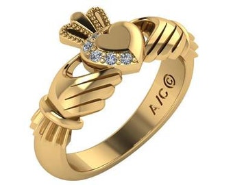 May include: A gold Claddagh ring with a heart, two hands, and a crown. The ring is set with small diamonds around the heart.