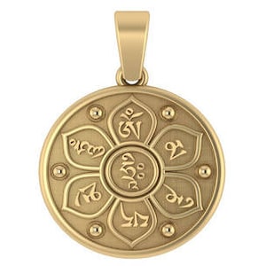 May include: Gold pendant featuring a circular design with a lotus flower and Tibetan script. The pendant has a bail for attaching to a chain.