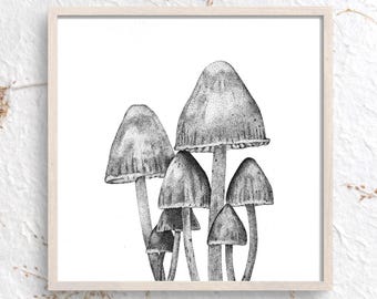 Woodland Mushrooms • Black and White Dotwork Dotwork Art Print