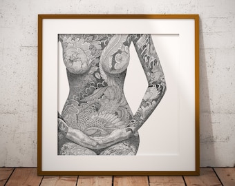 Tattooed Body Art Print • Black and white dotwork illustration