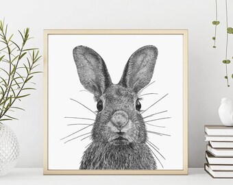 Bunny Rabbit Art Print • Black and white dotwork nursery illustration