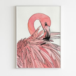 Fenicottero • Acquerello e linee originali • unico, disegnato a mano, illustrazione della natura, lavoro al tratto su pittura ad acquerello, vibrazioni tropicali
