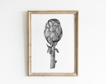 Artichoke Art Print • Black and white dotwork vegetable