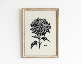 Kiku Chrysantheme Linoldruck • Handgedruckte schwarz-weiße Blume im japanischen Stil