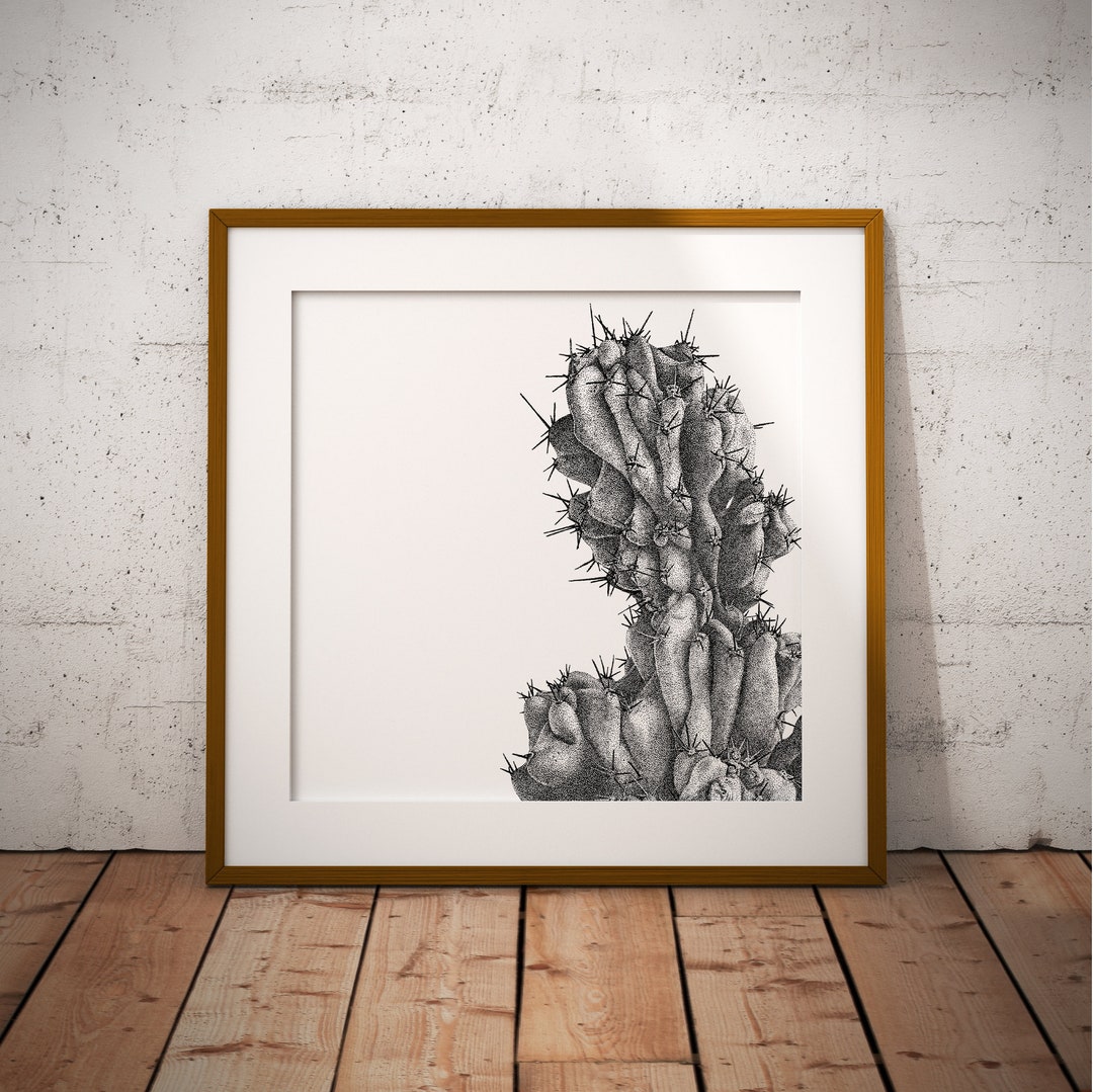 Cactus Art Print Illustration, Black and White Dotwork, Print, Square ...