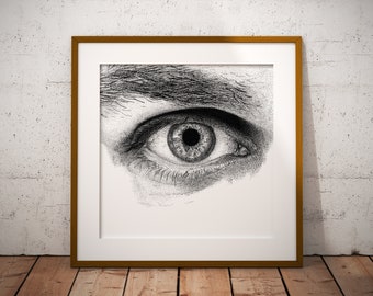 An eye for an eye • Art print • Eye dotwork drawing, black and white illustration, square, print, realistic art, stippling