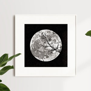 Der Mond • Fine Art Prints • Schwarz weiß Dotwork Illustration eines Halloween Vollmondes