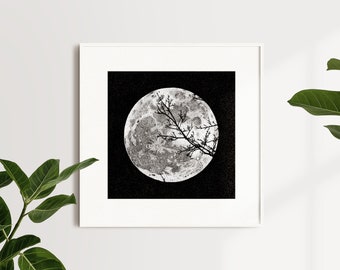 La Lune • Impression d'art • Dessin noir et blanc au dotwork, illustration d'une pleine lune à Halloween