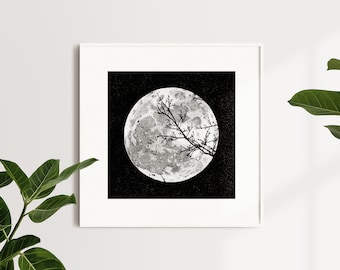 Full Moon Art Print • Black and White Dotwork Celestial Night Sky Illustration