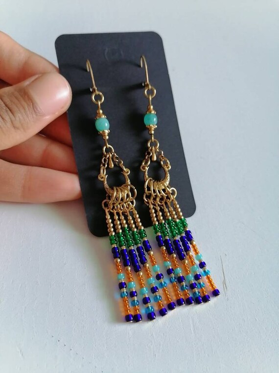 Colorful Beaded Earrings Long Fringed Earrings Moon - Etsy