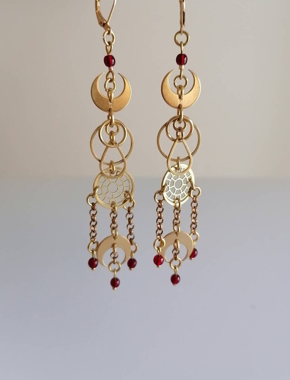 Geometric moon phases earrings long chandeliers brass | Etsy