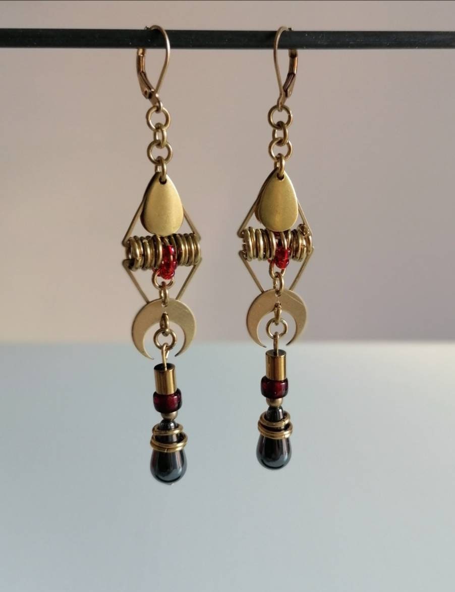 Moon long pendant earrings geometric earrings Goddess | Etsy