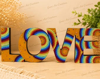 Rainbow Gold Love - Hand Painted LOVE | Rainbow Mandala Wooden Letters | Colorful Home Decor | Unique Handmade Gift | Boho Wall Shelf Decor