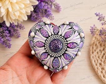 Adaline - Handmade Mandala Heart Stone with Rhinestones, Purple Heart Decor, Dot Art Gift, Spiritual Home Decor, Unique Handmade Gift