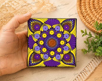 Yellow and Purple Mandala - Hand Painted Mini Mandala Canvas, Purple Wall Art, Boho Home Decor, Meditation Decor, Spiritual Gift, 4x4 Canvas