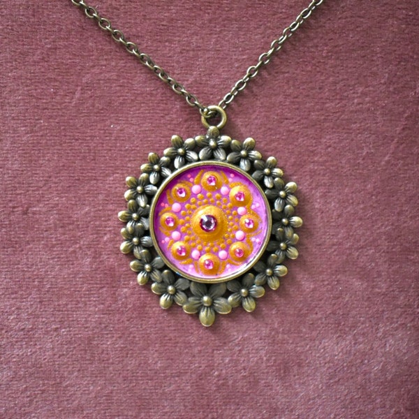 Necklace handpainted Mandala - Jewelry, Dotting Art, Mandala Art, mandala, flower pendant, ketting, chain antique bronze