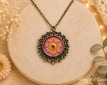 Hand Painted Flower Necklace, Antique Bronze Pendant, Floral Mandala Necklace, Boho Jewelry, Handmade Artisan Necklace, Gift for Her