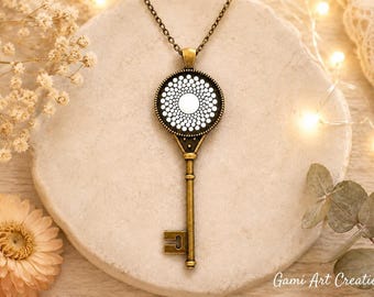 Hand Painted Key Necklace, Mandala Pendant, Antique Bronze Key, Boho Necklace, Unique Artisan Jewelry, Spiritual Gift for Her