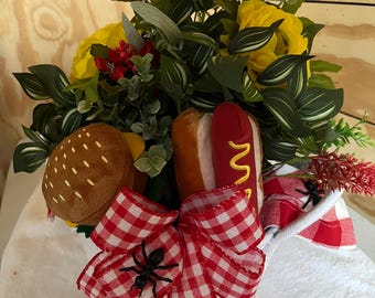 Whimsical Burger & Fries Floral Arrangement – Fast Food Inspired Centerpiece – Kitchen Decor – Fun Summer Table Arrangement – Gift for Food