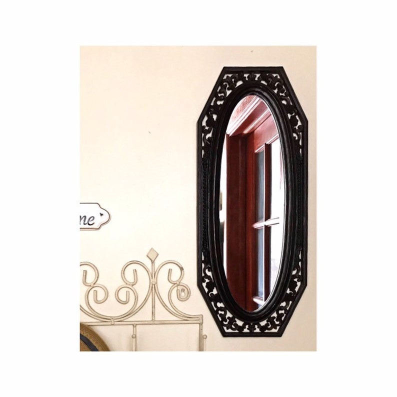 Black Ornate Gothic Victorian Style Vintage Mirror Made Of Lightweight Material Long Oval Shaped Wall Decor