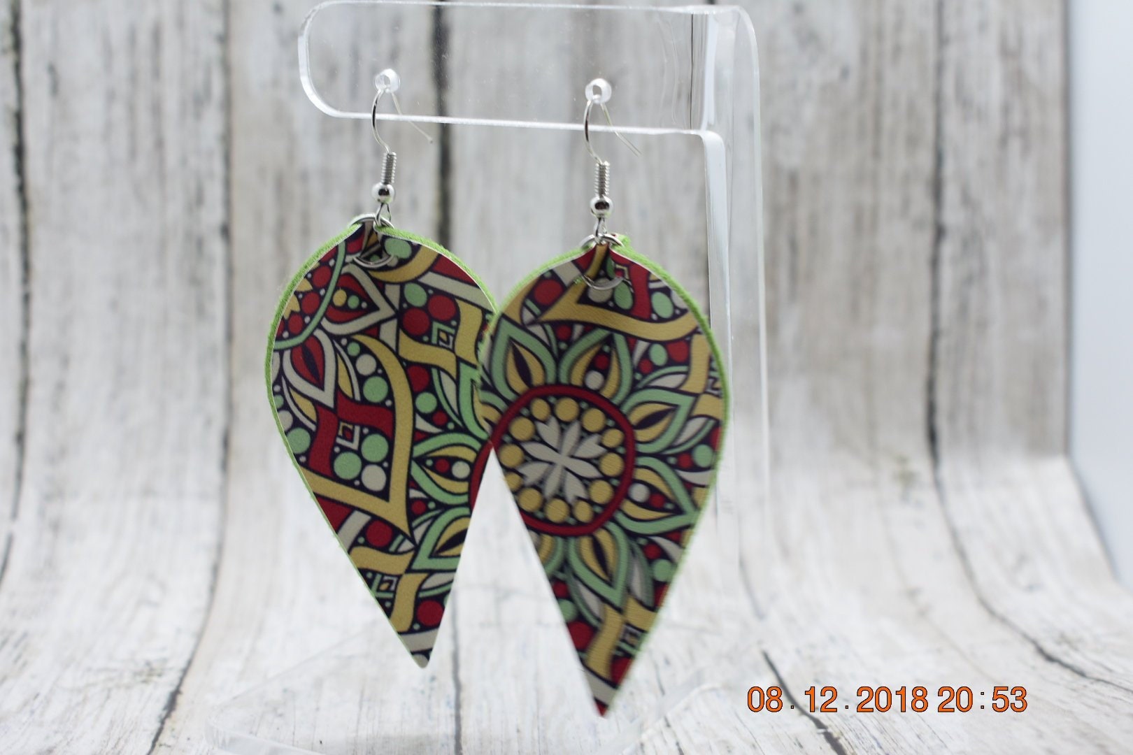 dangle and drop mandala earrings leaf earrings boho and chic leather teardrop earrings hand painted White Faux Leather petal earrings