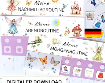 May include: A set of printable routine charts with fairy illustrations, butterflies, and German text. The charts are labeled "Meine MORGENROUTINE", "Meine ABENDROUTINE", and "Meine NACHMITTAGROUTINE". Includes a "DIGITALER DOWNLOAD" banner.