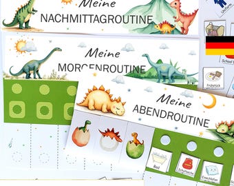 May include: A set of printable dinosaur-themed routine charts for children, featuring morning, afternoon, and evening schedules. Includes visual aids and the text "DIGITALER DOWNLOAD". The charts are decorated with colorful illustrations of dinosaurs and related icons.
