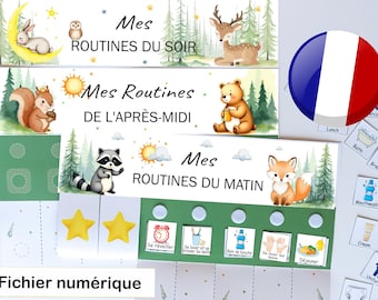 Tableau de routines pour enfants animaux de la forêt, Routines du Matin, Après-midi et Soir, Montessori Imprimable, Téléchargement Numérique