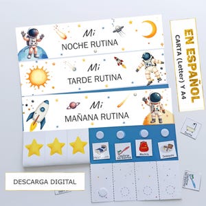 May include: A digital download of a children's routine chart with space-themed illustrations. The chart includes sections for morning, afternoon, and evening routines, with icons for various activities and the text "Mi Noche Rutina", "Mi Tarde Rutina", and "Mi Mañana Rutina".