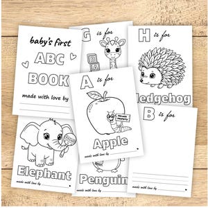 Może przedstawiać: Czarno-białe strony do kolorowania z alfabetem, zwierzętami i frazą "baby's first ABC book".