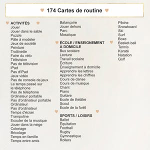 May include: A beige card with the text "174 Cartes de routine" and lists of activities, school/home learning, and sports/hobbies in French. The card includes activities like playing, painting, and watching TV.