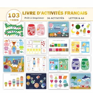 Puede incluir: Un libro de actividades imprimible colorido para niños que aprenden francés. El libro tiene 103 páginas y 36 actividades. La portada presenta una ilustración colorida de una variedad de actividades, que incluyen emparejar, contar y ordenar.