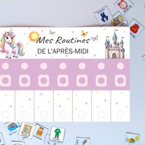 Tableau de routine du matin et du soir pour Enfants, French Morning and evening routine chart, Printable visual schedule Montessori, Unicorn