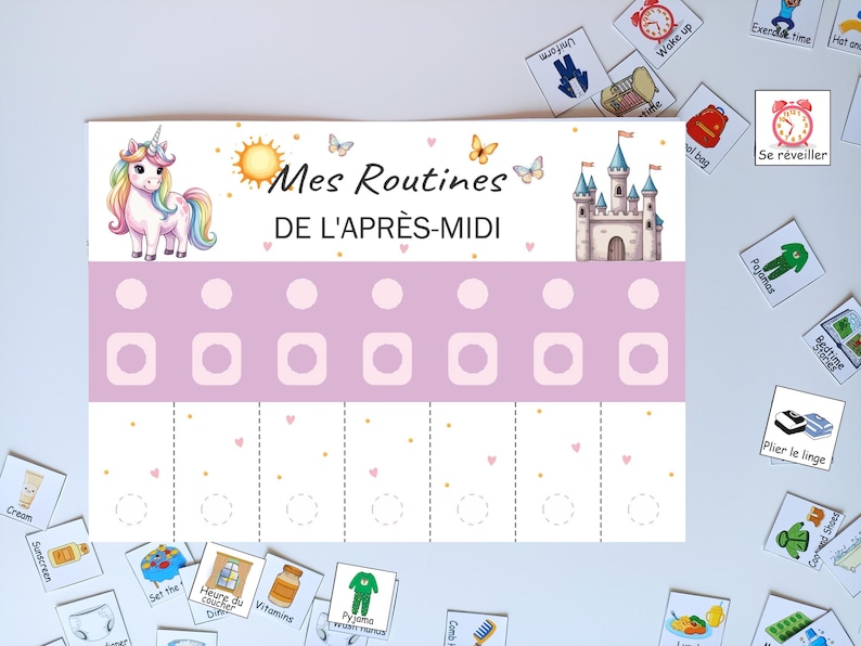Tableau de routine du matin et du soir pour Enfants, French Morning and evening routine chart, Printable visual schedule Montessori, Unicorn
