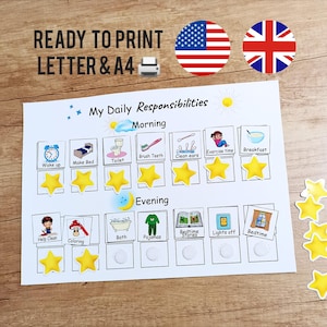 May include: A white printable daily responsibilities chart with illustrations for morning and evening routines. Includes text "READY TO PRINT LETTER & A4" and "My Daily Responsibilities". Features American and British flags.
