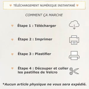 May include: A beige graphic with the text "T&Eacute;L&Eacute;CHARGEMENT NUM&Eacute;RIQUE INSTANTAN&Eacute;" and "COMMENT &Ccedil;A MARCHE". It illustrates a four-step process: download, print, laminate, and cut and paste Velcro tabs. No physical item will be shipped.