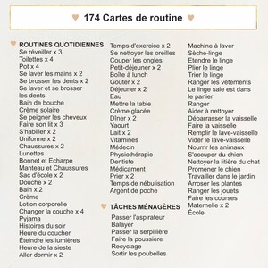 May include: A list of 174 routine cards in French, with categories like "Daily Routines" and "Household Tasks." The cards list various activities, such as "Wake up," "Eat breakfast," and "Do laundry."
