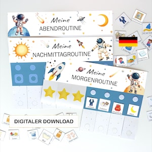 Peut inclure: Ensemble de tableaux de routine quotidiens imprimables avec des illustrations sur le thème de l'espace. Les tableaux incluent le texte "Meine Abendroutine", "Meine Nachmittagroutine", et "Meine Morgenroutine". Avec l'étiquette "DIGITALER DOWNLOAD".