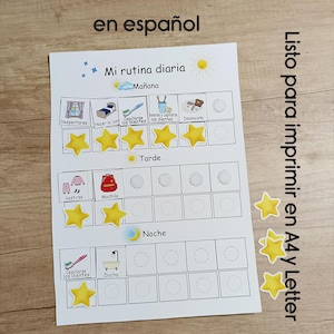 May include: A white daily routine chart in Spanish with illustrations for morning, afternoon, and night activities. Includes text "Mi rutina diaria" and "Listo para imprimir en A4 y Letter". Yellow star stickers are included.