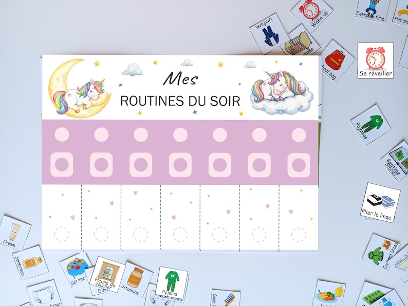 Tableau de routine du matin et du soir pour Enfants, French Morning and evening routine chart, Printable visual schedule Montessori, Unicorn